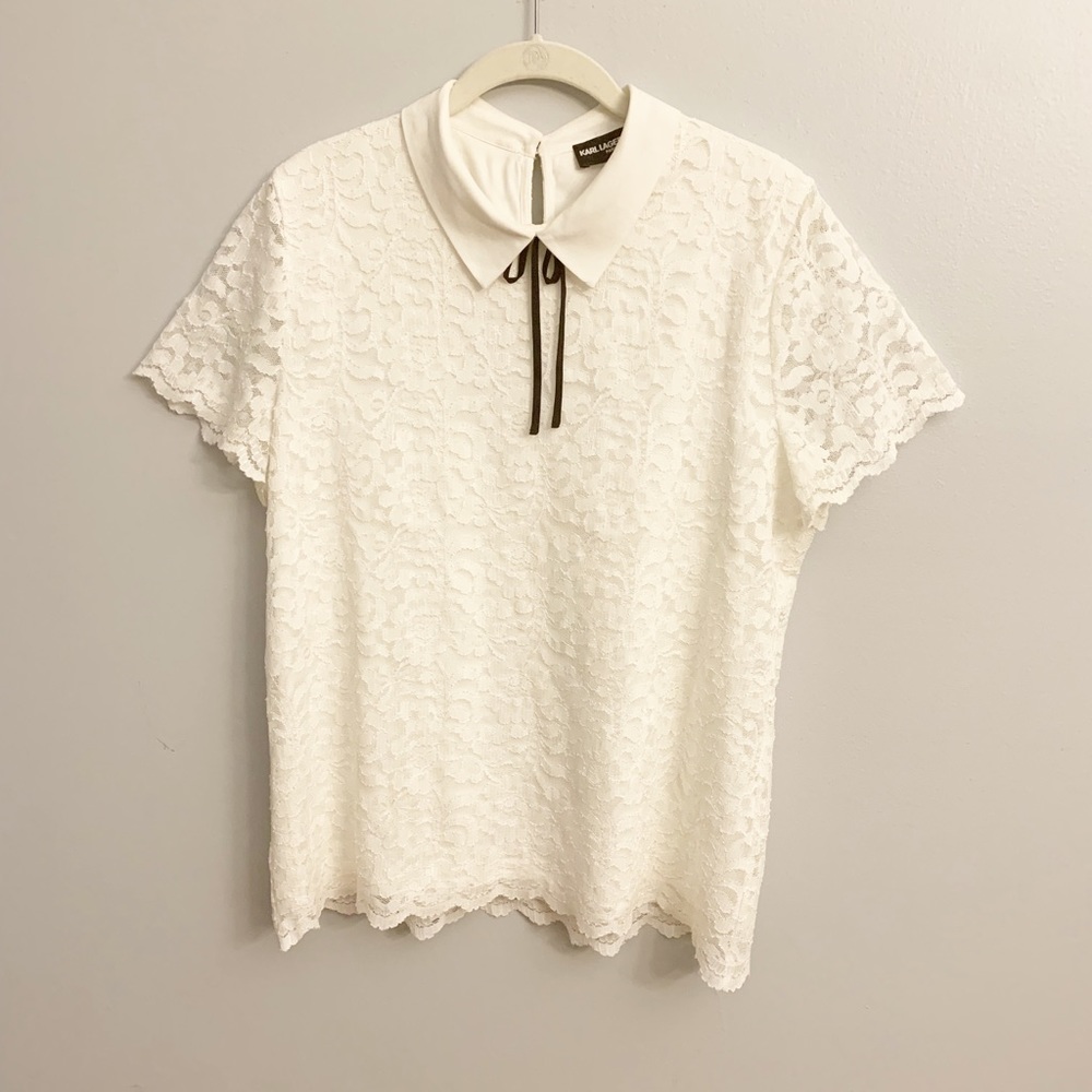 KARL LAGERFELD Paris White Lace Top Collar Tie Shirt Blouse Women's Size L